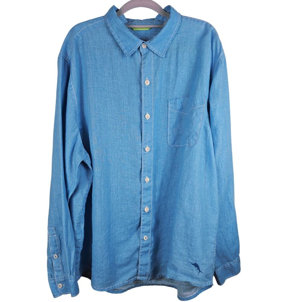 Tommy Bahama 100% Linen Turquoise Business Casual Wear Men's Dress Shirt XL